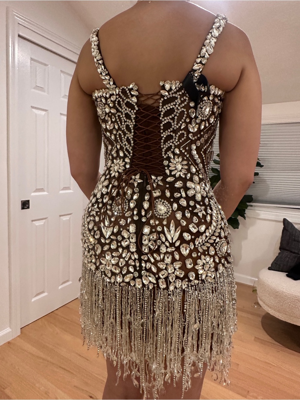 Albina Dyla Crystal-Embellished Black Mini Dress with Fringe - Picture 8 of 9